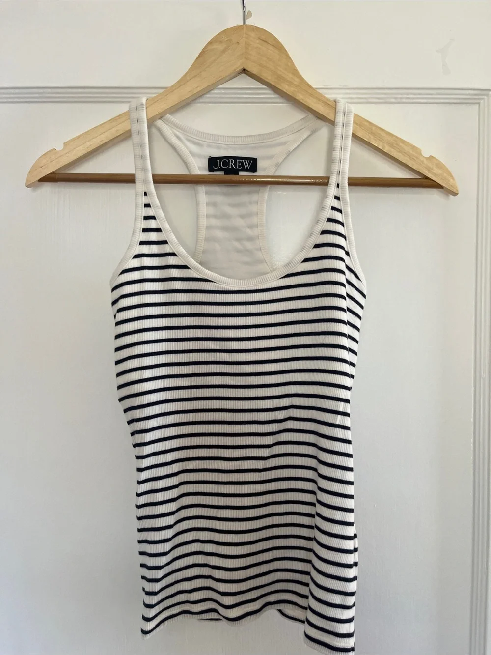 J. Crew Striped Ribbed Tank Top in White and Navy with Built-in Bra XS